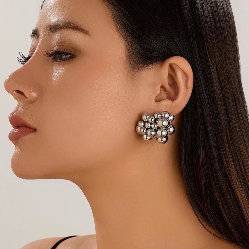 Silver Cluster Statement Stud Earrings | Bold Bubble Beaded Earrings